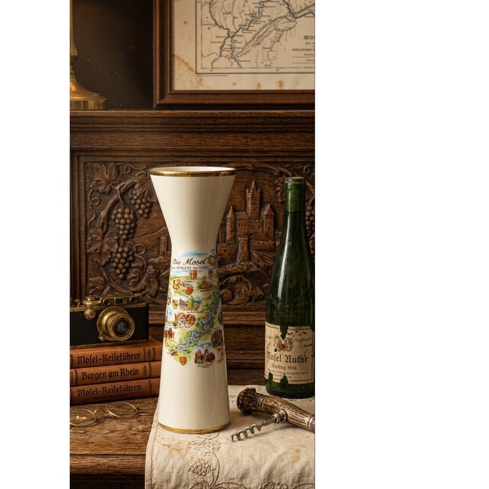 Vintage German Mosel River Valley Porcelain Map Vase Koblenz to Trier Gold Rim